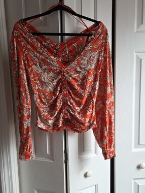 Free People Ruched Floral Long-Sleeve Blouse in Orange